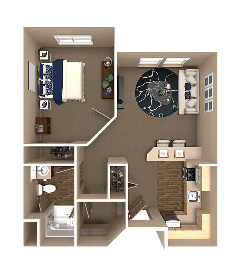A top view floor plan of a one-bedroom apartment featuring a living room, kitchen, and bathroom.