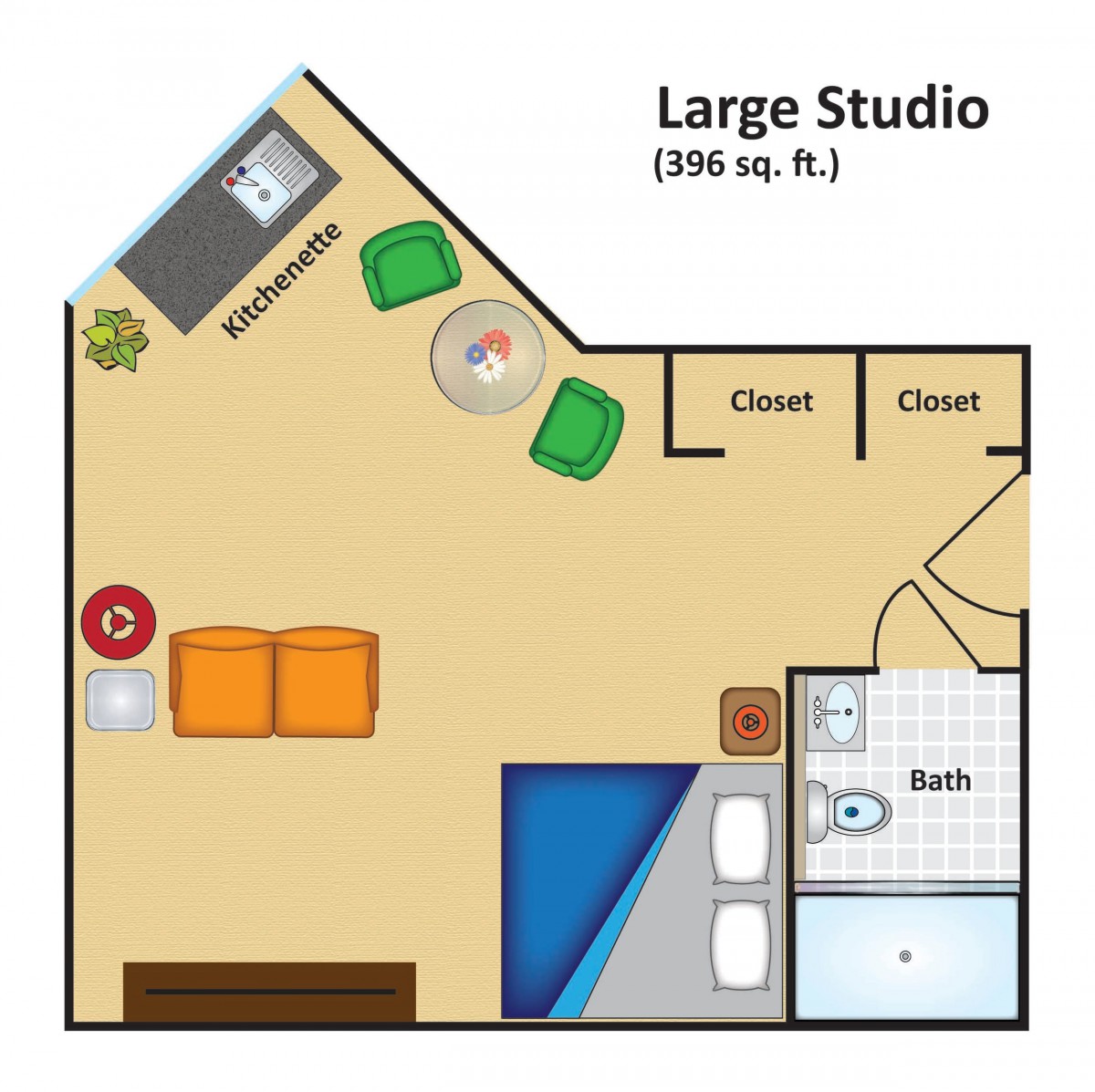 Floor plan of a large studio apartment with designated areas for living, sleeping, and bathing.