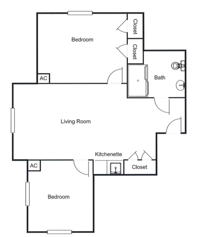 A floor plan of a two-bedroom apartment with a living room, kitchenette, and bathroom.
