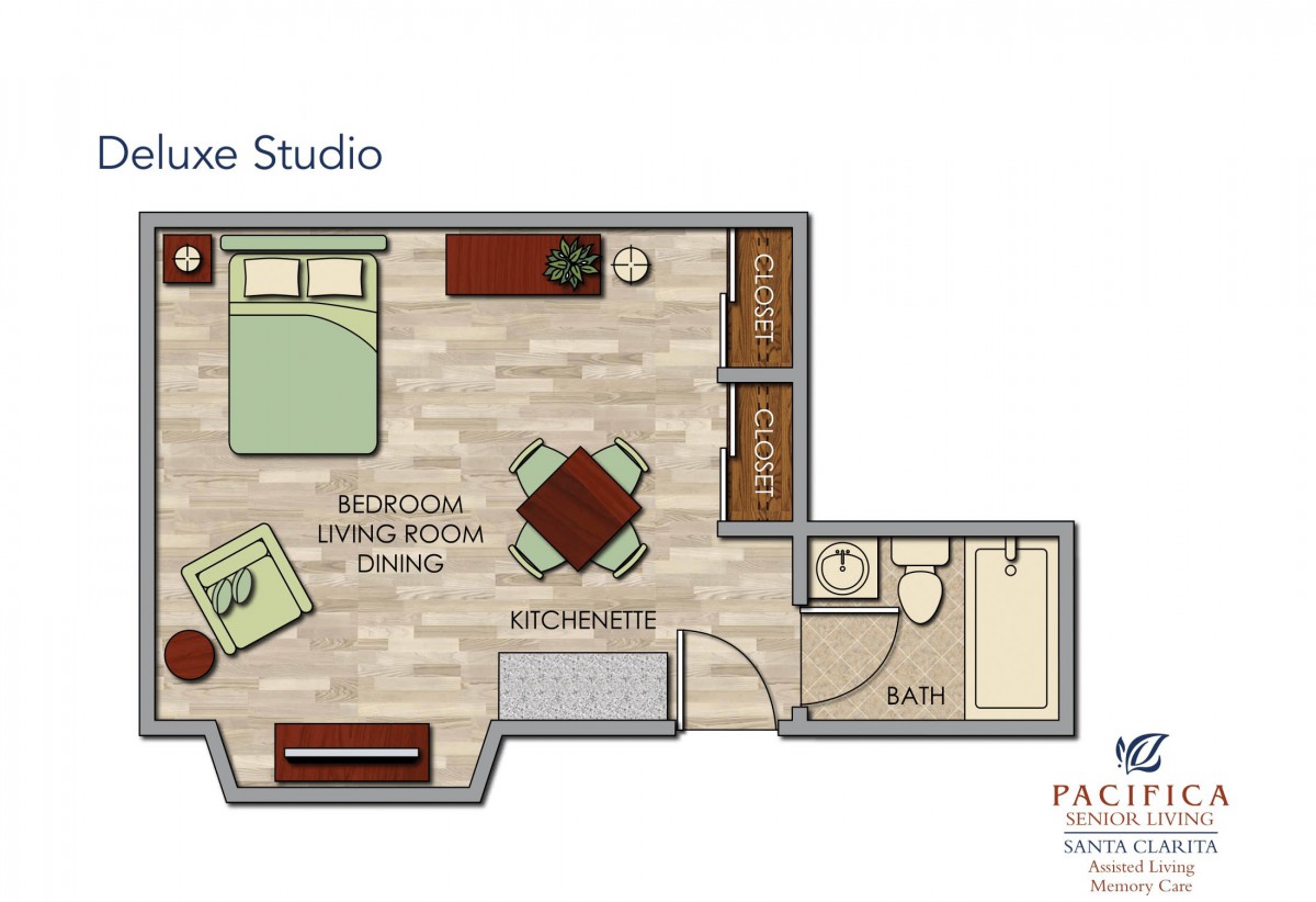 Floor plan of a studio apartment featuring a combined bedroom and living room area, kitchenette, and bathroom.