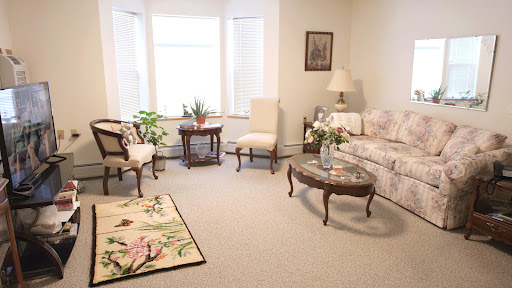 A cozy living room featuring elegant furniture, a soft carpet, and ample natural light.