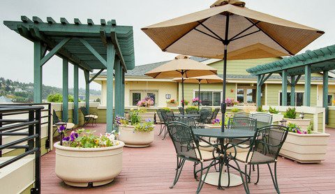 A cozy outdoor patio with tables, umbrellas, and colorful flower pots.