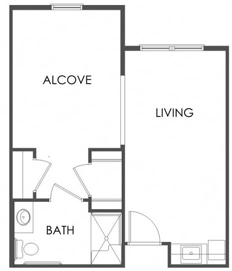 Studio apartment floor plan with living area, alcove, and bathroom.