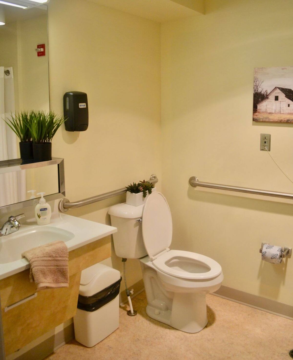 A clean and accessible bathroom with a toilet, sink, and safety rails.