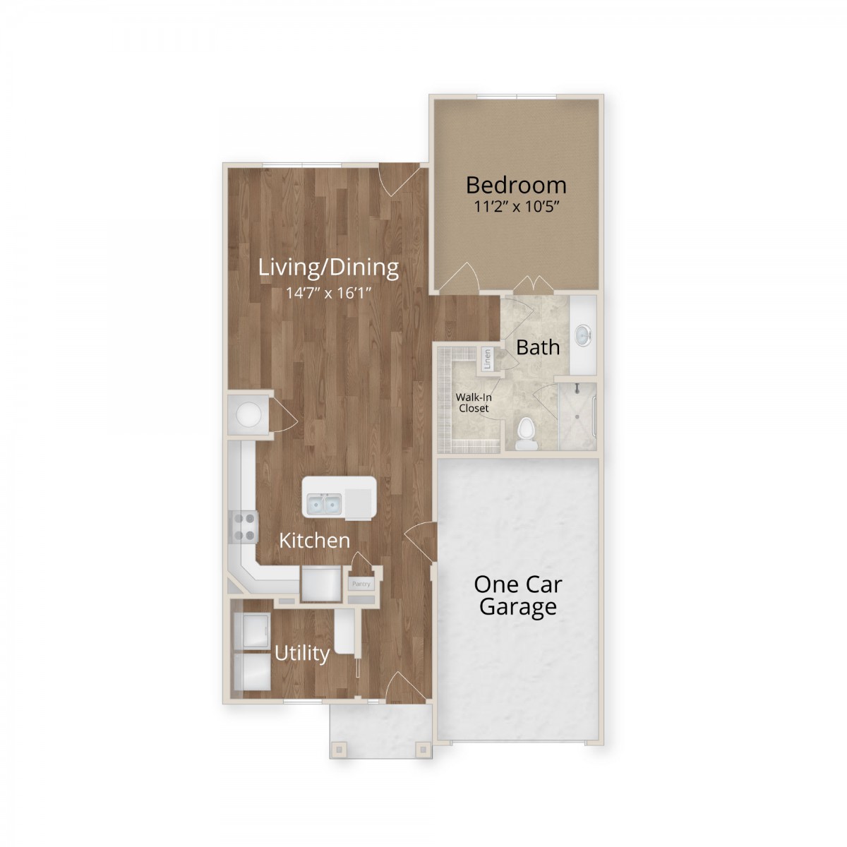 A detailed floor plan of a residential unit featuring a living/dining area, kitchen, bedroom, bathroom, and a one-car garage.
