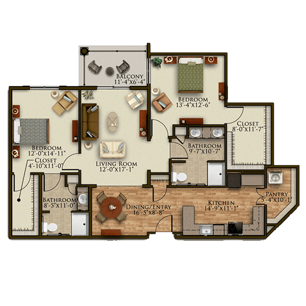 A detailed floor plan of a two-bedroom apartment with labeled rooms, including a kitchen, living room, and bathroom.