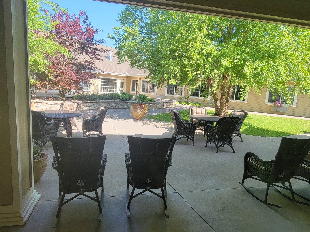 A serene patio with outdoor seating surrounded by lush trees in a courtyard.