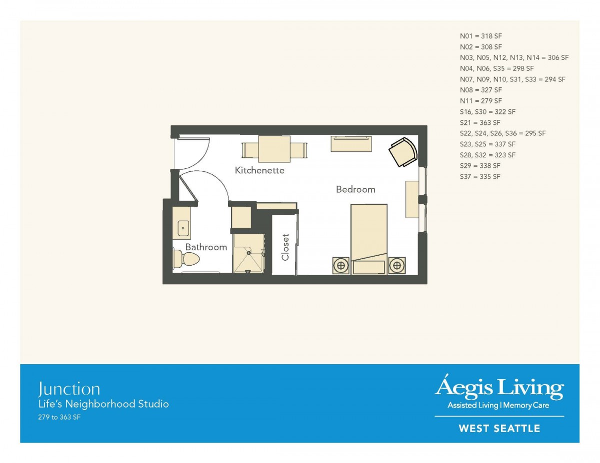 Studio apartment floor plan with designated living and sleeping areas.