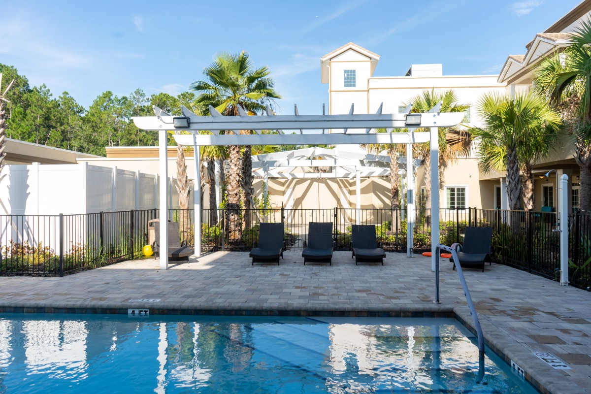A serene outdoor swimming pool area with lounge chairs and a pergola, surrounded by palm trees on a sunny day.
