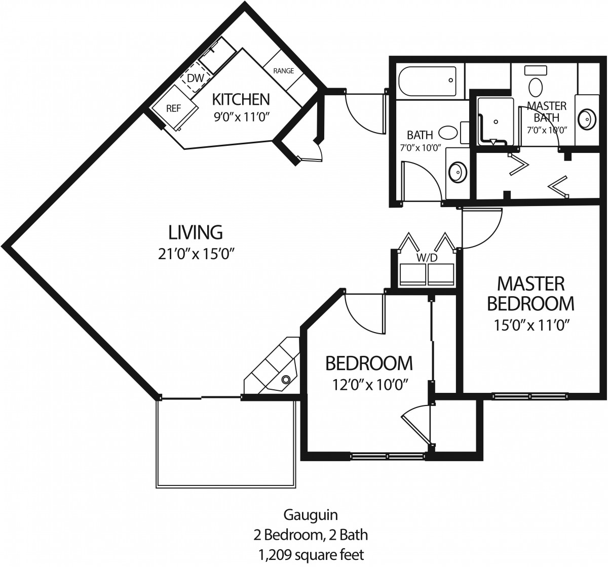 A floor plan of a two-bedroom apartment with living room, kitchen, and bathroom.