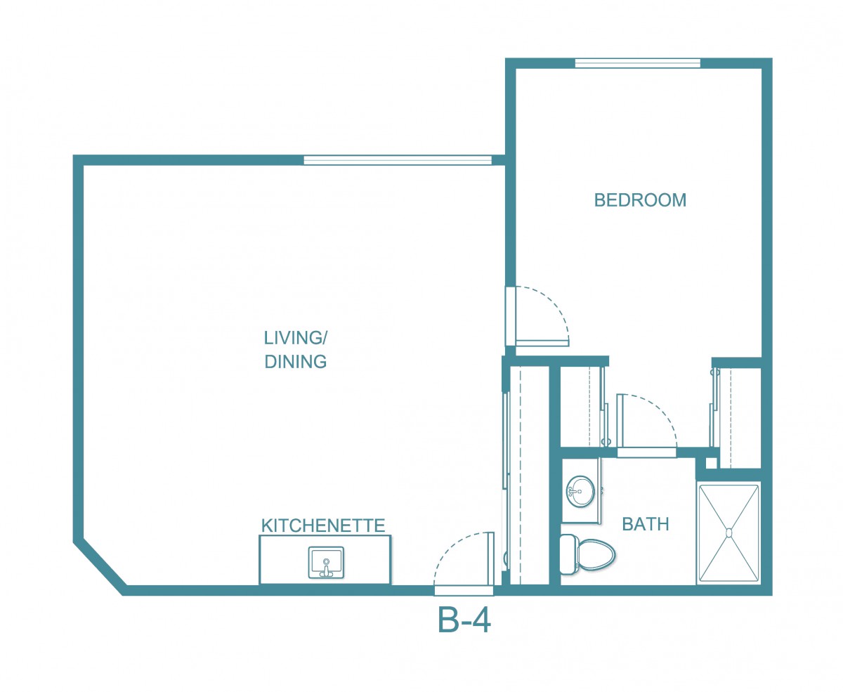 A 1-bedroom apartment floor plan featuring a living/dining area, kitchenette, bathroom, and separate bedroom.