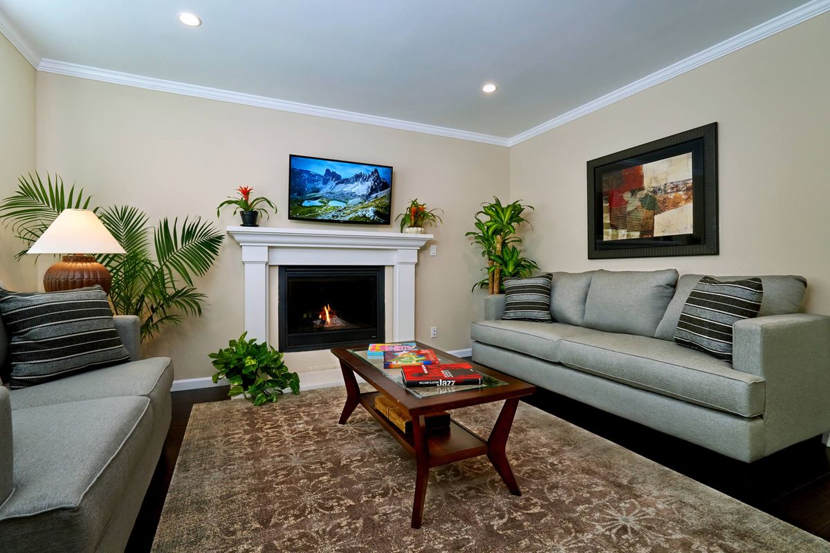 A modern living room featuring a cozy fireplace, stylish sofas, and a wall-mounted television.
