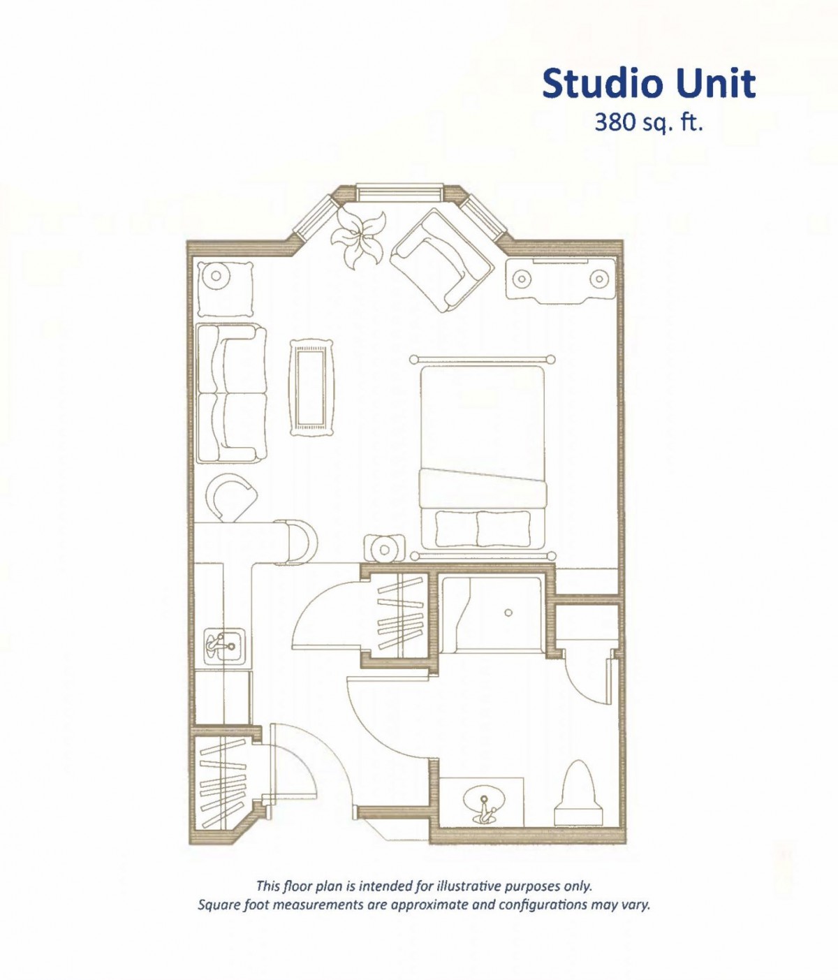 Floor plan of a 380 sq. ft. studio unit.