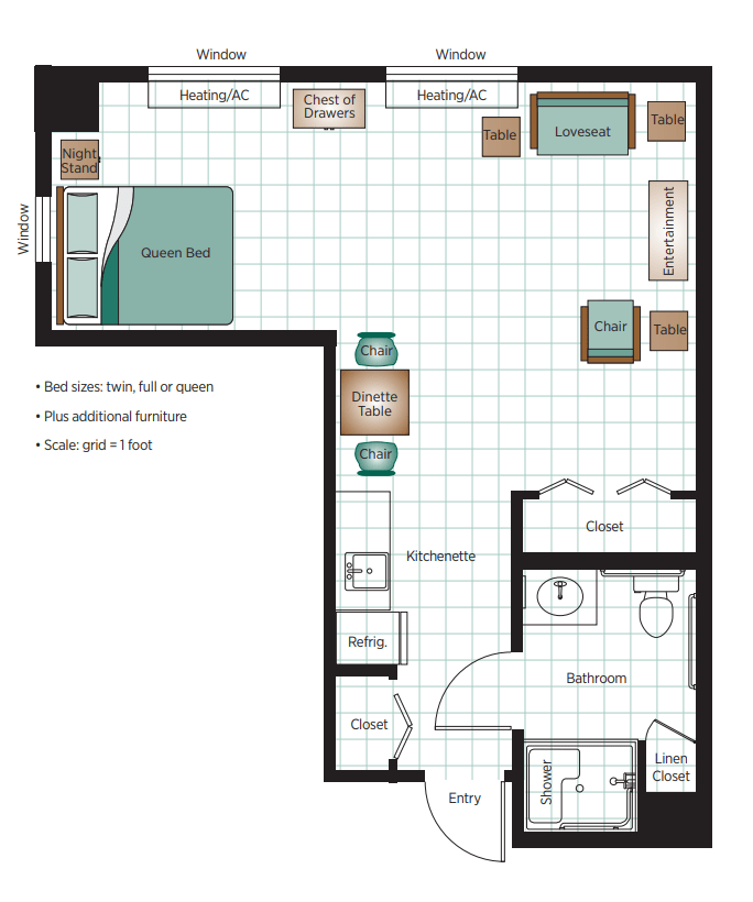 Studio apartment floor plan with labeled dimensions and room layout.