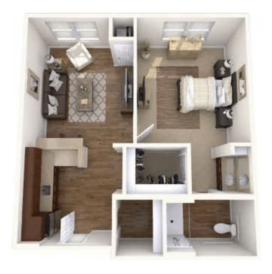 One-bedroom apartment floor plan with a living room, kitchen, and bathroom.