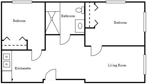 Simple floor plan of an apartment showing a bathroom, bedroom, and living room.