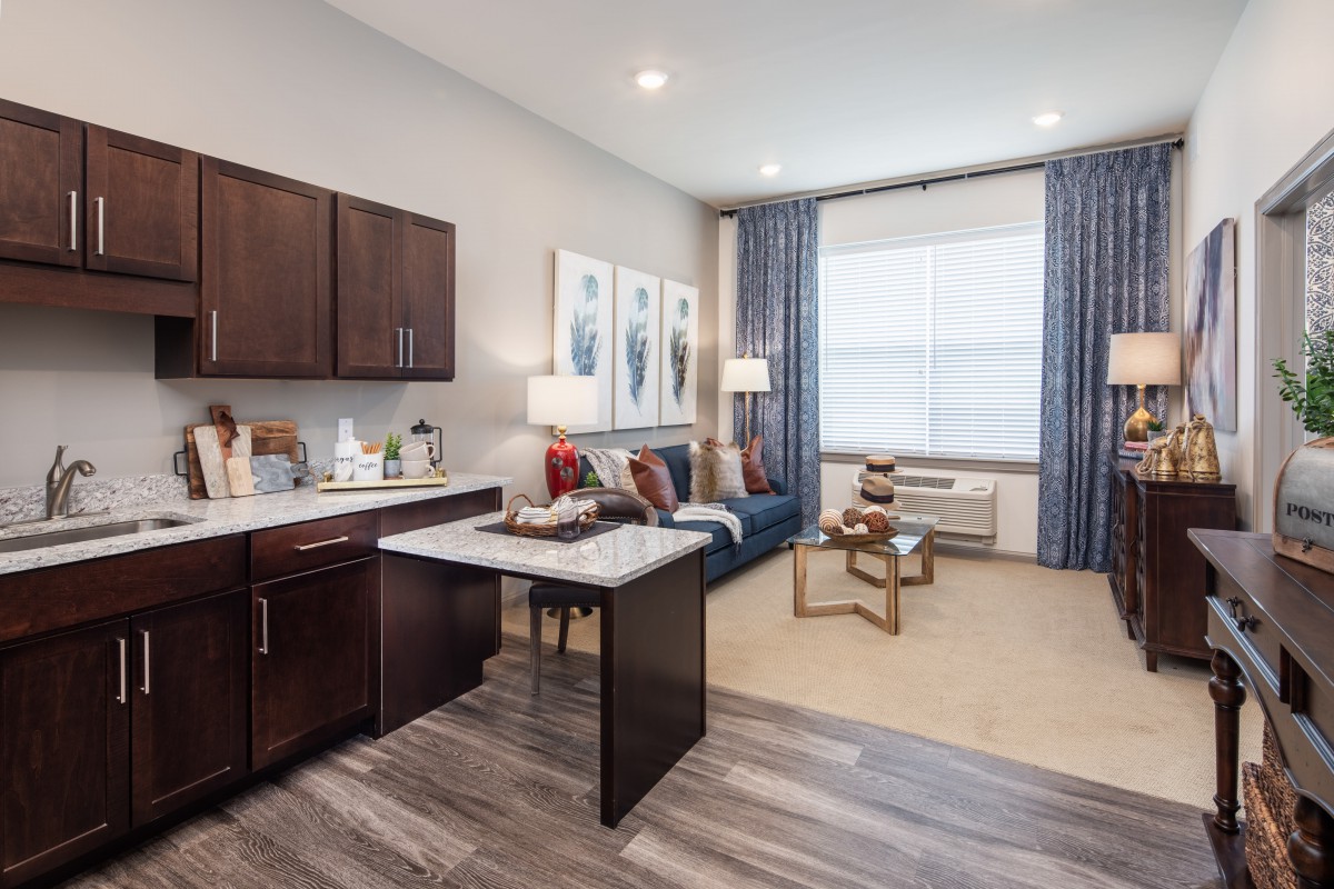 A modern apartment interior featuring a combined living room and kitchen area with stylish decor.