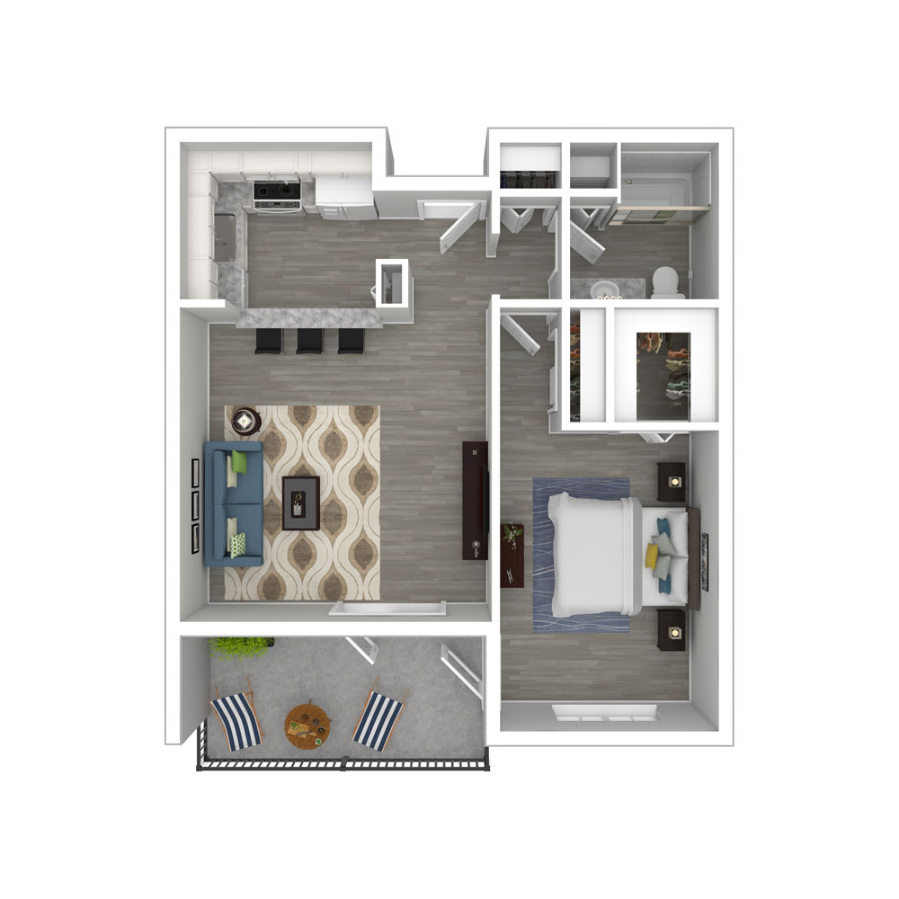 A one-bedroom apartment floor plan with a kitchen, living room, bathroom, and balcony.