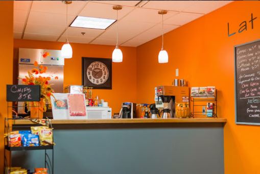 A vibrant and modern cafe interior featuring bright orange walls and a welcoming counter area.