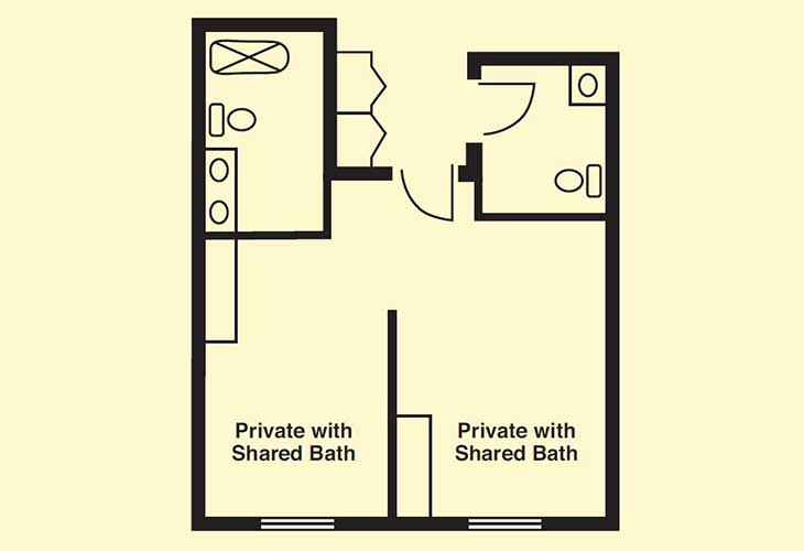 Floor plan showing two private rooms with a shared bathroom.