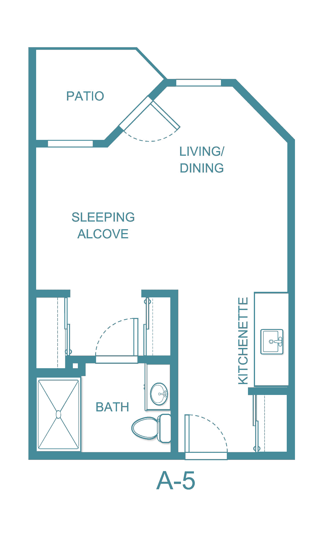 A floor plan of a studio apartment featuring a living/dining area, sleeping alcove, bathroom, and kitchenette.