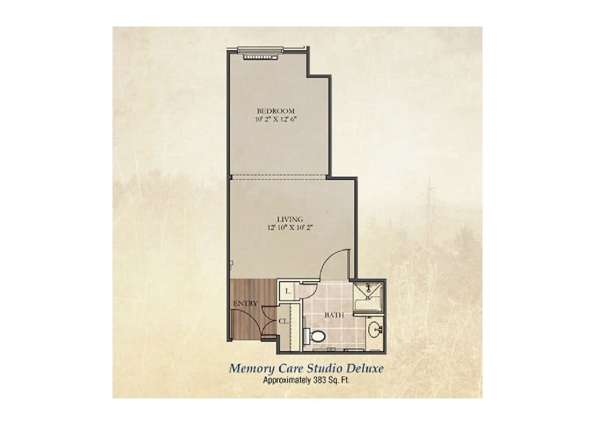 Floor plan of a Memory Care Studio Deluxe apartment.