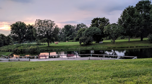 A serene view of a park at dusk, with reflections in the water and lush greenery.