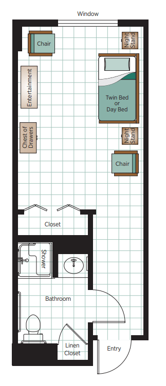 A floor plan showing the layout of a bedroom with furniture like a bed, chair, chest of drawers, closet, and workspace.