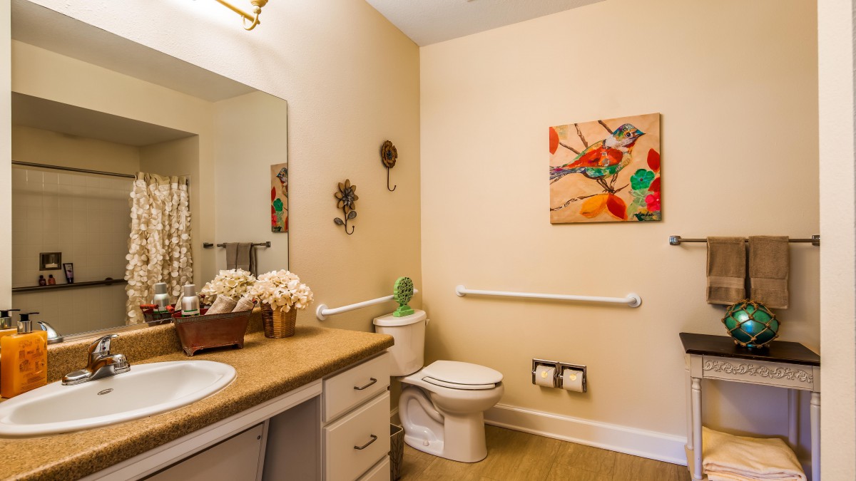 A neatly arranged bathroom with a sink, toilet, and decorative elements.