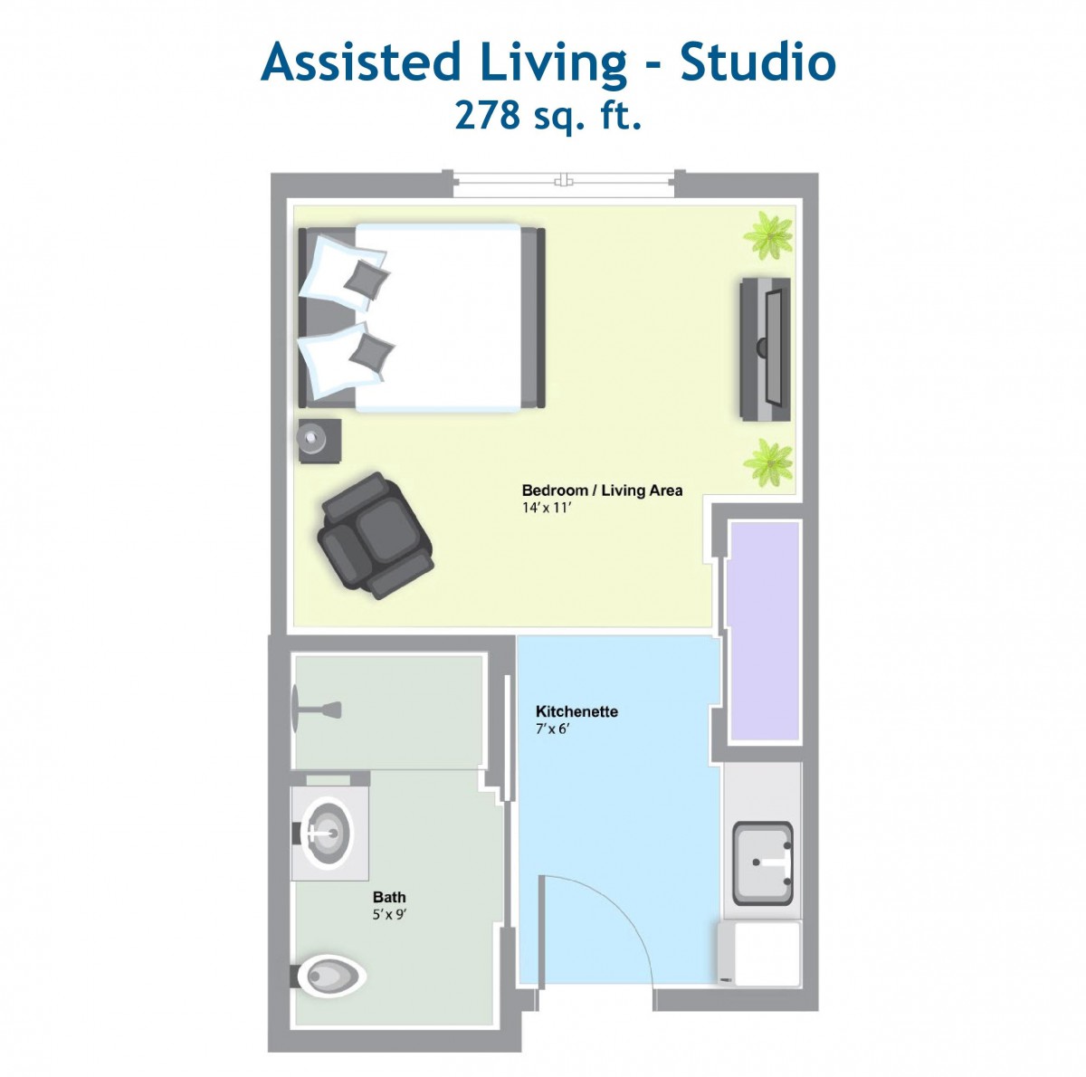 A floor plan of a 278 sq. ft. assisted living studio apartment.