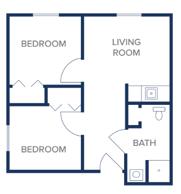 A simple floor plan of an apartment with two bedrooms, a living room, and a bathroom.
