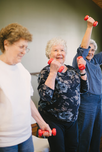 Seniors enjoying a lively exercise session with dumbbells, promoting health and fitness.