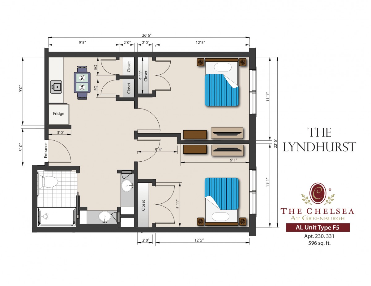 A floor plan of a residential unit with two bedrooms, a living area, and bathrooms.