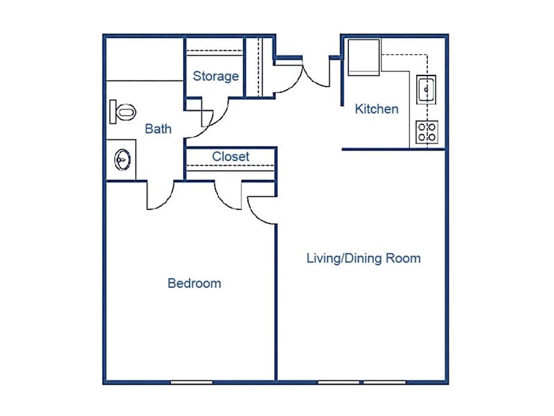 A simple floor plan of a one-bedroom apartment, featuring a living/dining room, kitchen, bathroom, and storage space.