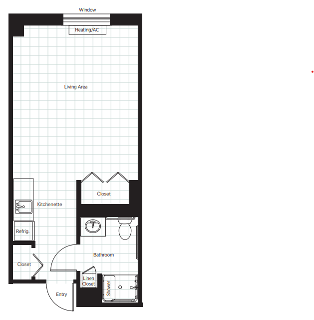 Studio apartment floor plan with kitchen and bathroom.