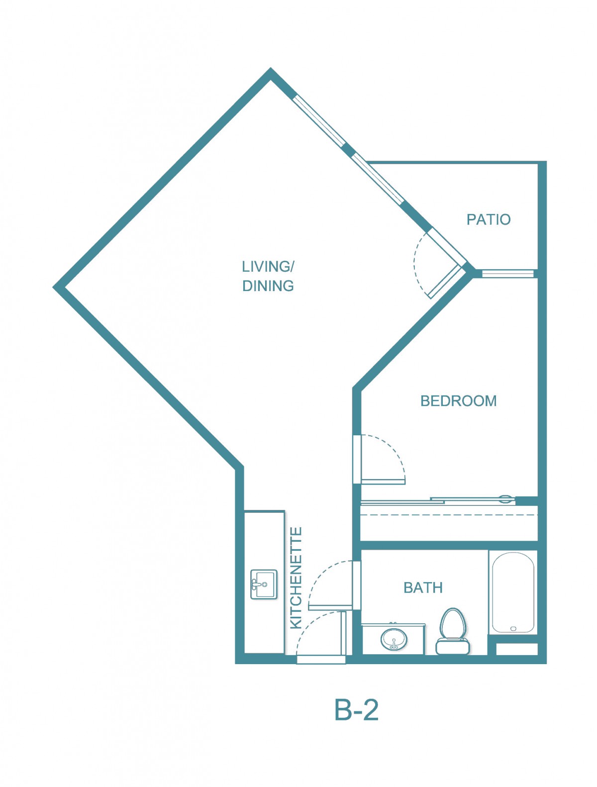 A floor plan of a one-bedroom apartment with living area, kitchen, bathroom, and patio.