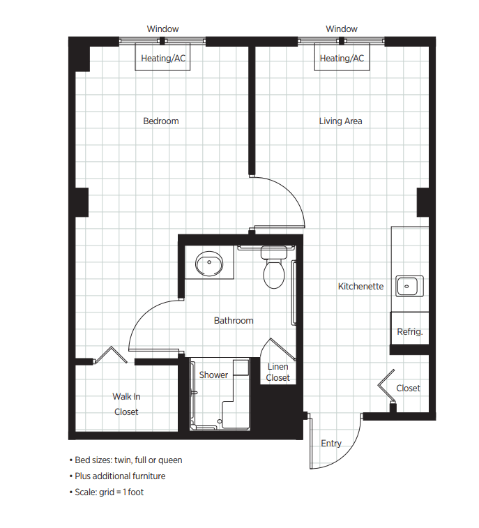A floor plan depicting a one-bedroom apartment with labeled areas for a bathroom, living room, kitchen, and closets.