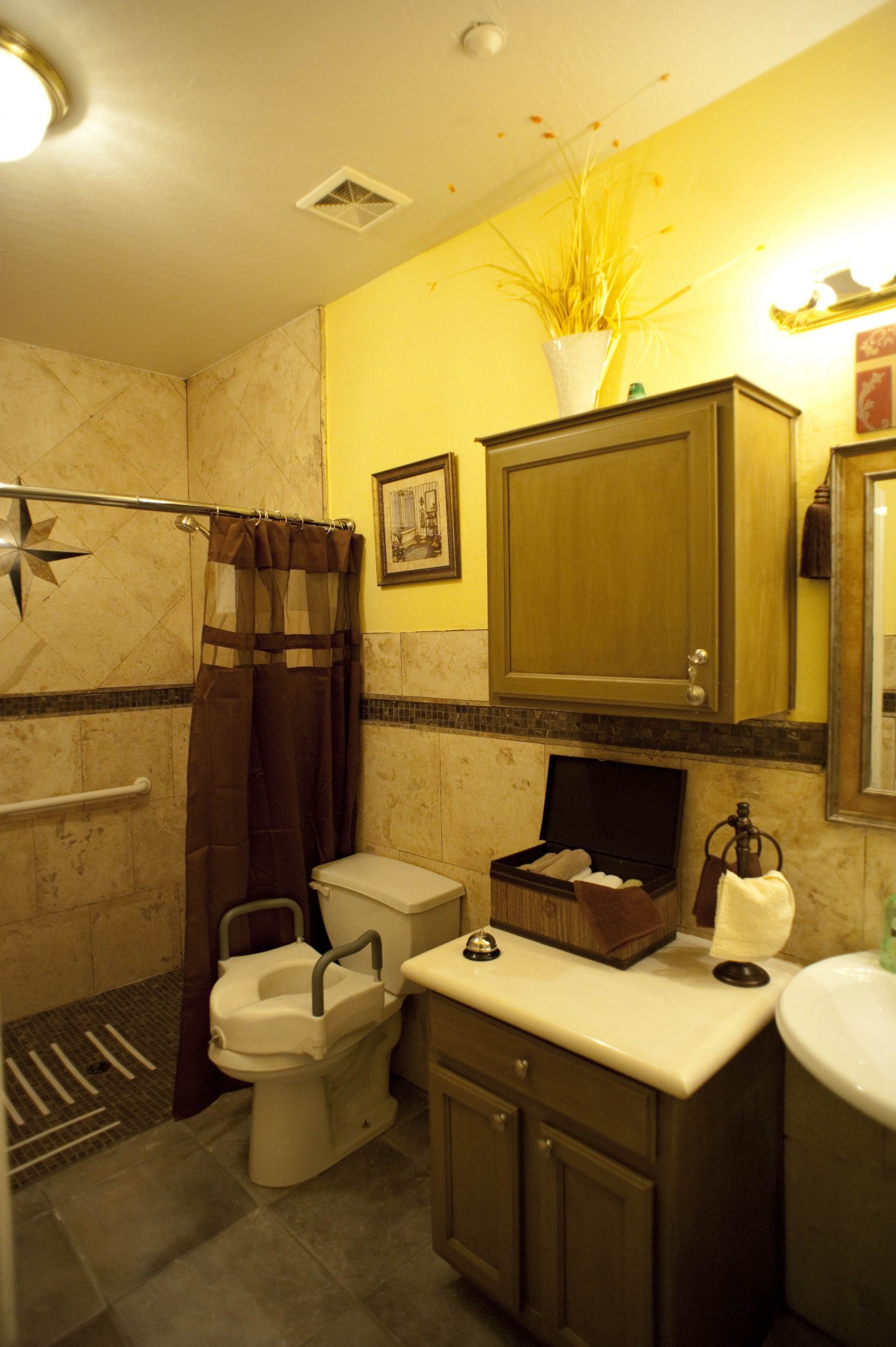 A cozy bathroom featuring a toilet with a raised seat, sink with cabinet, and a decorative shower curtain.