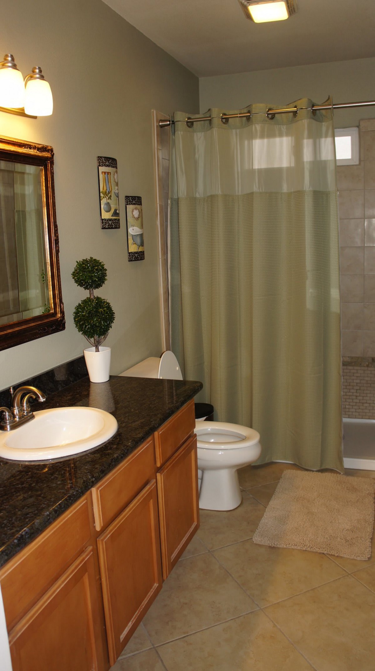 A well-decorated bathroom with a sink, toilet, and shower curtain.