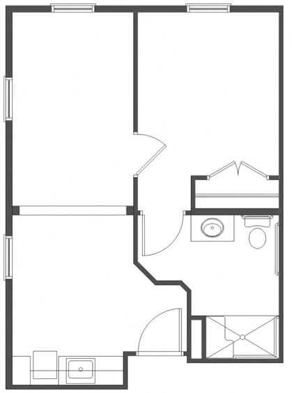 A simple architectural floor plan depicting the layout of a small apartment or room.