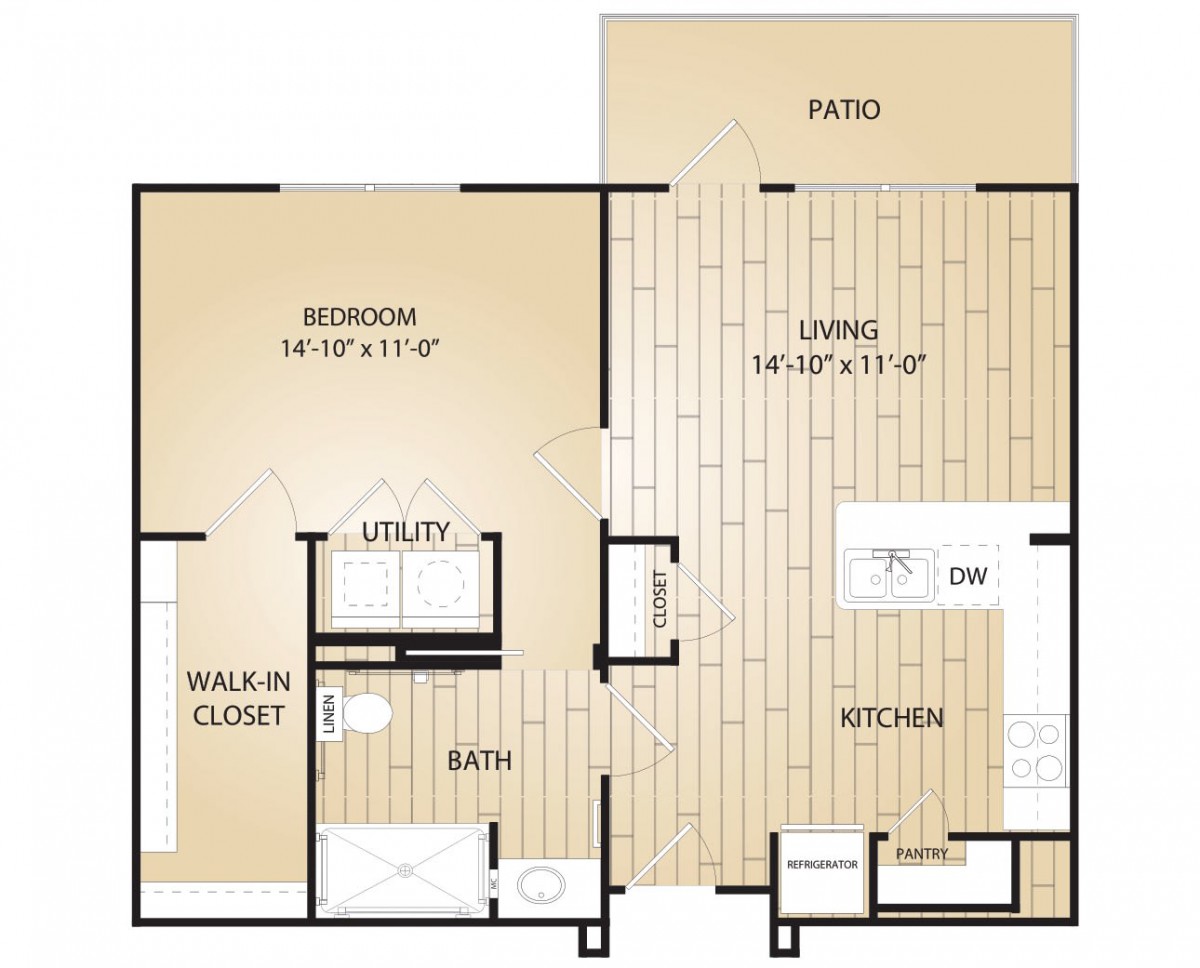 A one-bedroom apartment floor plan featuring a living room, kitchen, dining area, patio, and bathroom.
