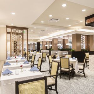 Elegant dining area with a modern interior design.