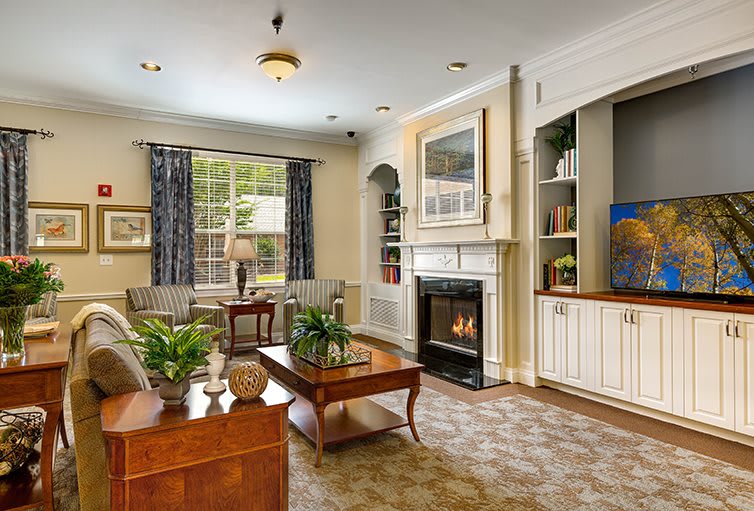 A cozy living room with a fireplace, elegant decor, and natural light.