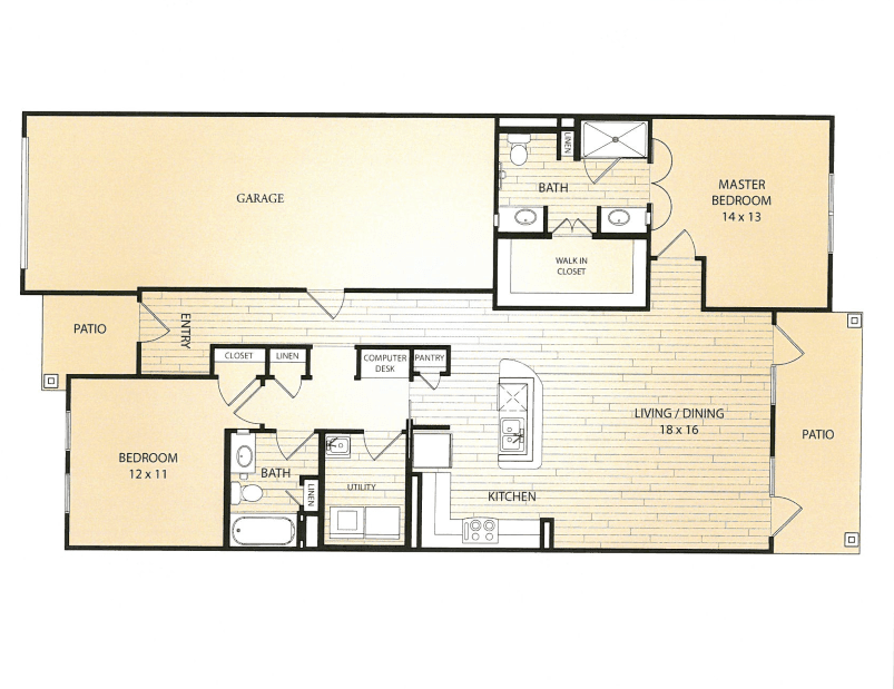 A floor plan layout of an apartment showcasing multiple rooms and spaces.
