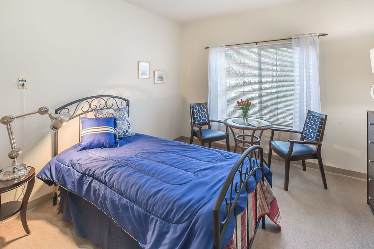 A cozy bedroom with a single bed featuring blue bedding, alongside a small table and two chairs by the window.