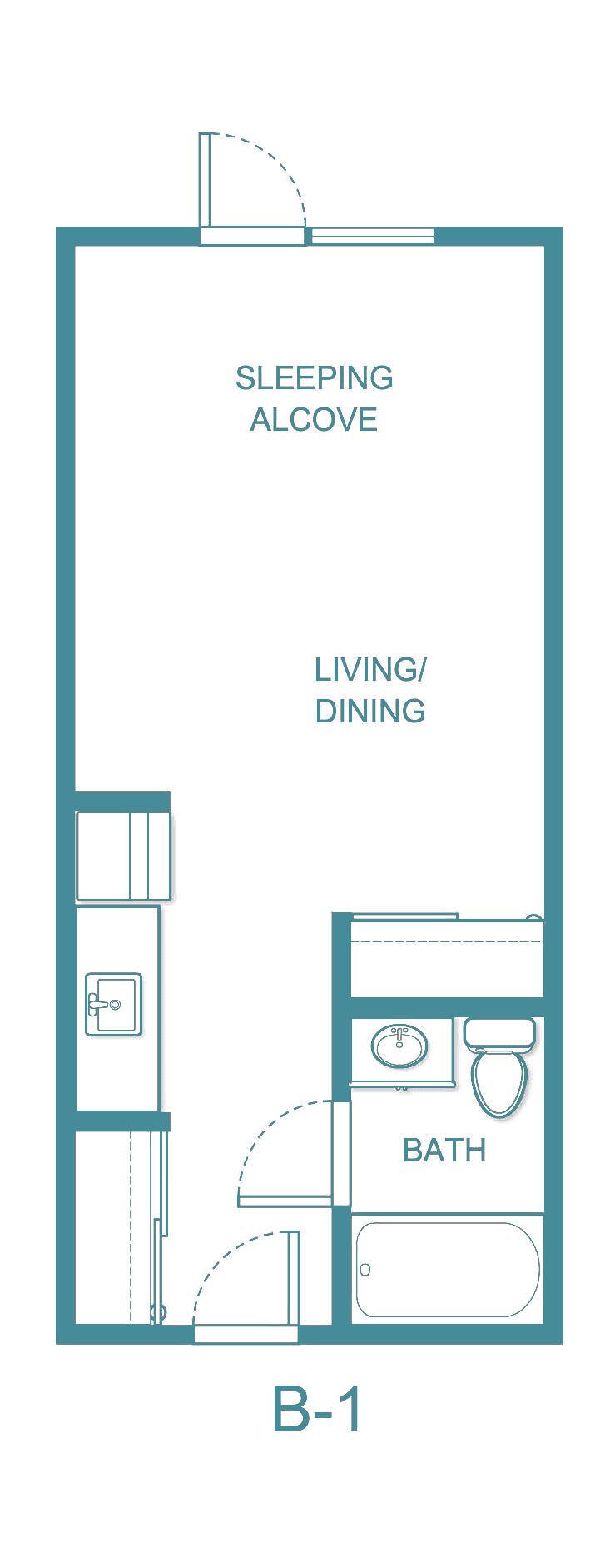 A floor plan depicting an apartment layout with designated living and dining areas.