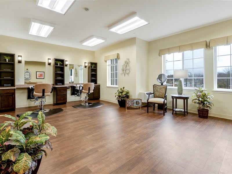 A modern hair salon with wooden flooring, styling stations, and decorative plants.