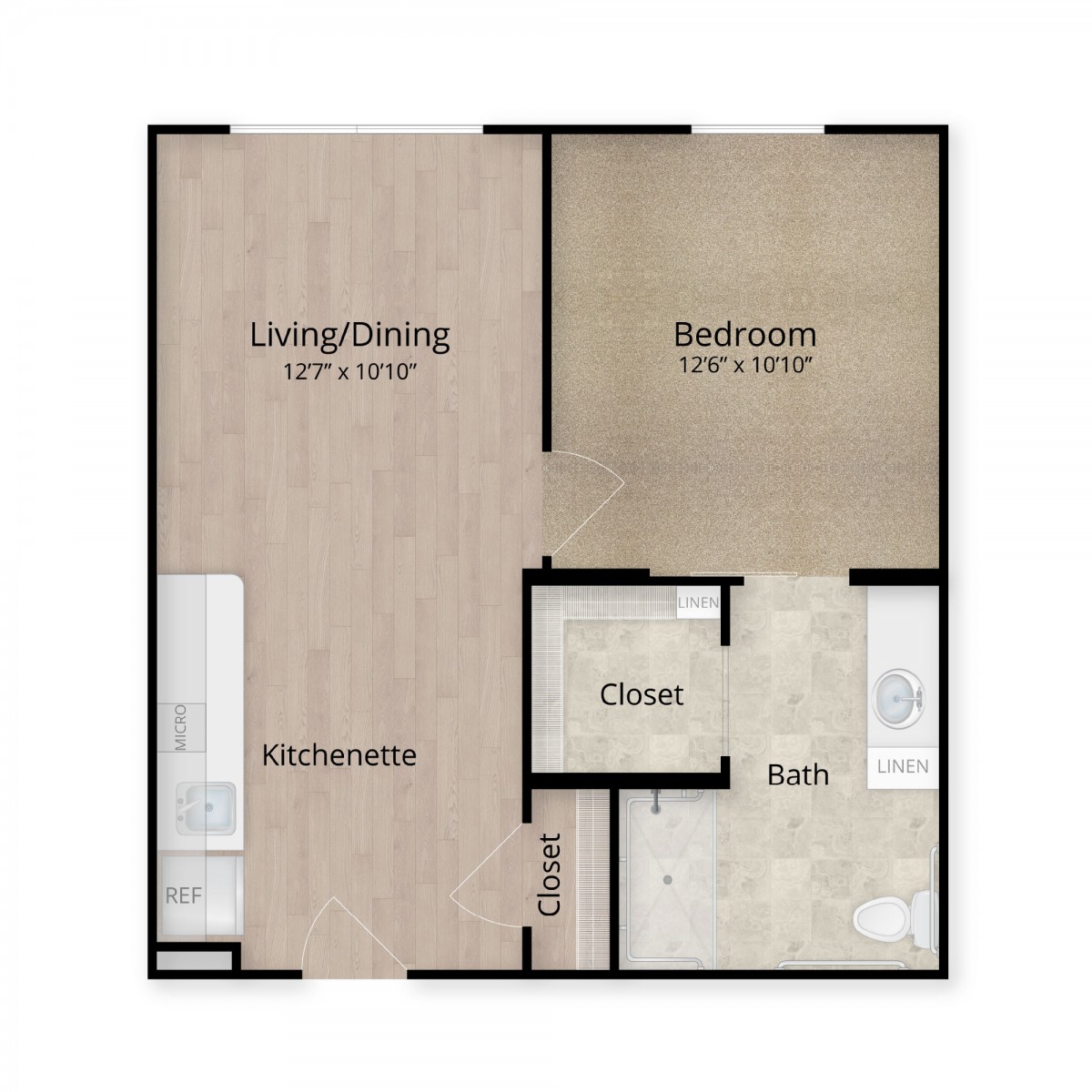A floor plan of a one-bedroom apartment with living/dining area, kitchen, bathroom, and closet.