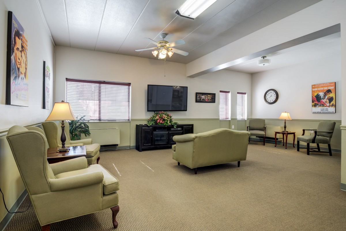 A cozy living room with sofas, a television, and multiple windows bringing in natural light.