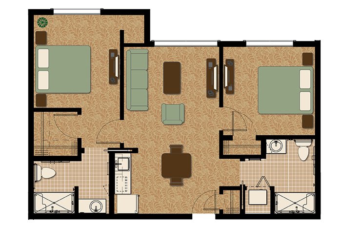 A floor plan of a two-bedroom apartment showcasing the layout of the living room, kitchen, and bathrooms.